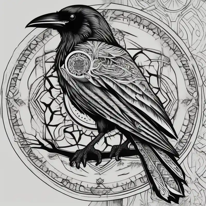 left arm tattoo of a raven on a branch surrounded by mandala fishing tattoos